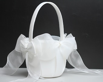 Wedding Flower Basket, Flower Girl Basket, Beautiful White Basket with Bows and Pearls