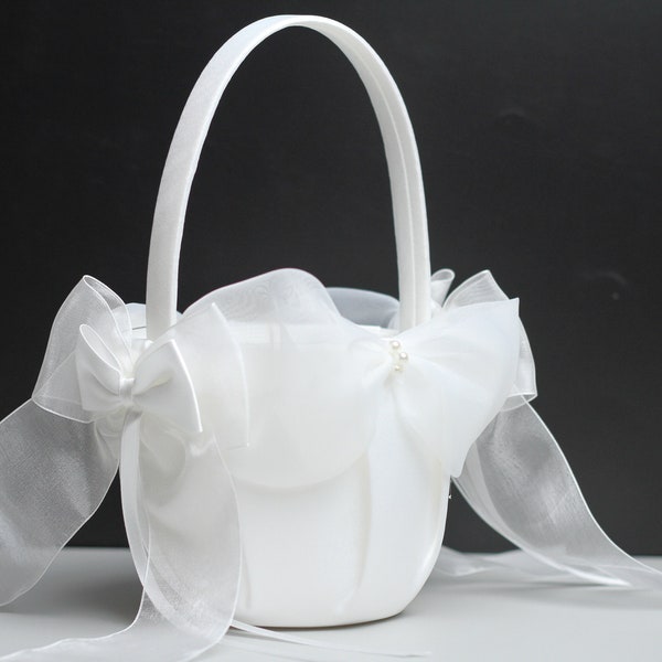 Wedding Flower Basket, Flower Girl Basket, Beautiful White Basket with Bows and Pearls