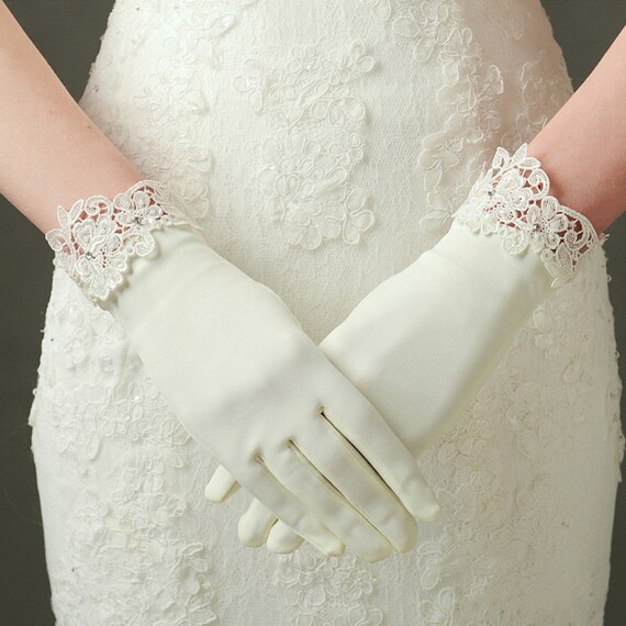 Matte Satin Bridal Wedding Dress Ivory Gloves With Lace Handmade