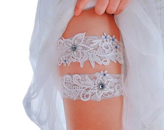 White Lace Wedding Garter Set, Bridal Garter with Blue or Red Pearl and Rhinestones, Wedding Garter Belt, Wedding Garter set, Bridal Toss