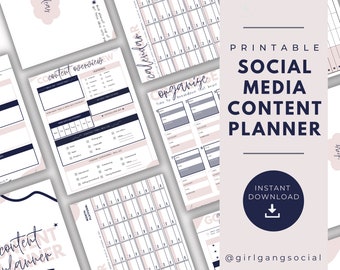 Peut inclure: Planificateur de contenu pour les médias sociaux imprimable avec un schéma de couleurs rose et bleu. Le planificateur comprend des sections pour la vue d'ensemble du contenu, le calendrier, l'organisation et les idées. Le texte "Planificateur de contenu pour les médias sociaux imprimable" est en gras, en bleu.