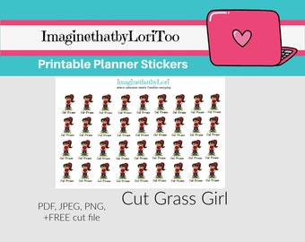 Printable cut grass girl summer chores mow lawn planner stickers Digital Download