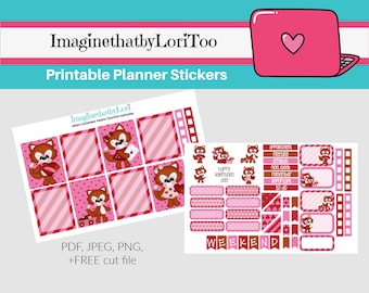 Printable Foxy Fox Valentine planner stickers Digital Download