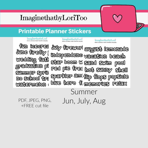 Printable Summer Script Bubble Words June, July, August planner stickers Digital Download