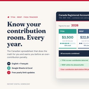 May include: A digital Canada Registered Accounts Tracker spreadsheet for TFSA, RRSP, and FHSA. The interface displays contribution room for 2026, showing $3,500 for TFSA, $22,800 for RRSP, and $4,500 for FHSA, with a combined total of $30,800 in accounts.