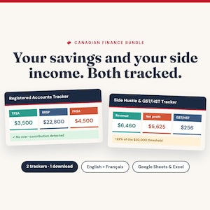 May include: A Canadian Finance Bundle digital spreadsheet tracker featuring two tables: Registered Accounts Tracker with TFSA, RRSP, and FHSA columns, and Side Hustle & GST/HST Tracker with revenue, net profit, and tax columns. Includes text labels for 2 trackers, 1 download, English + Français, and Google Sheets & Excel.
