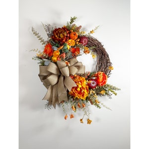 Fall Floral Grapevine Wreath: Autumn Pumpkin Door Decor