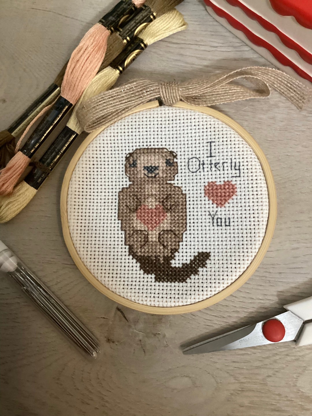 Otter Cross Stitch Pattern, Valentine Ornament Embroidery Love Cross