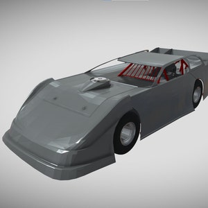 May include: A gray race car with a red roll cage and a spoiler. The car is designed for dirt track racing.