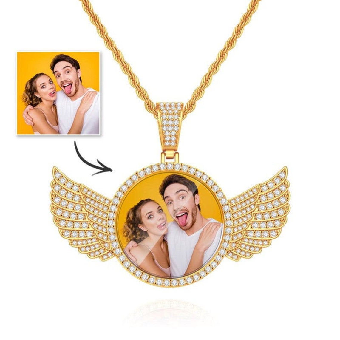 Wings Gold Photo Pendant with Rope Chain Medallions Necklace Etsy