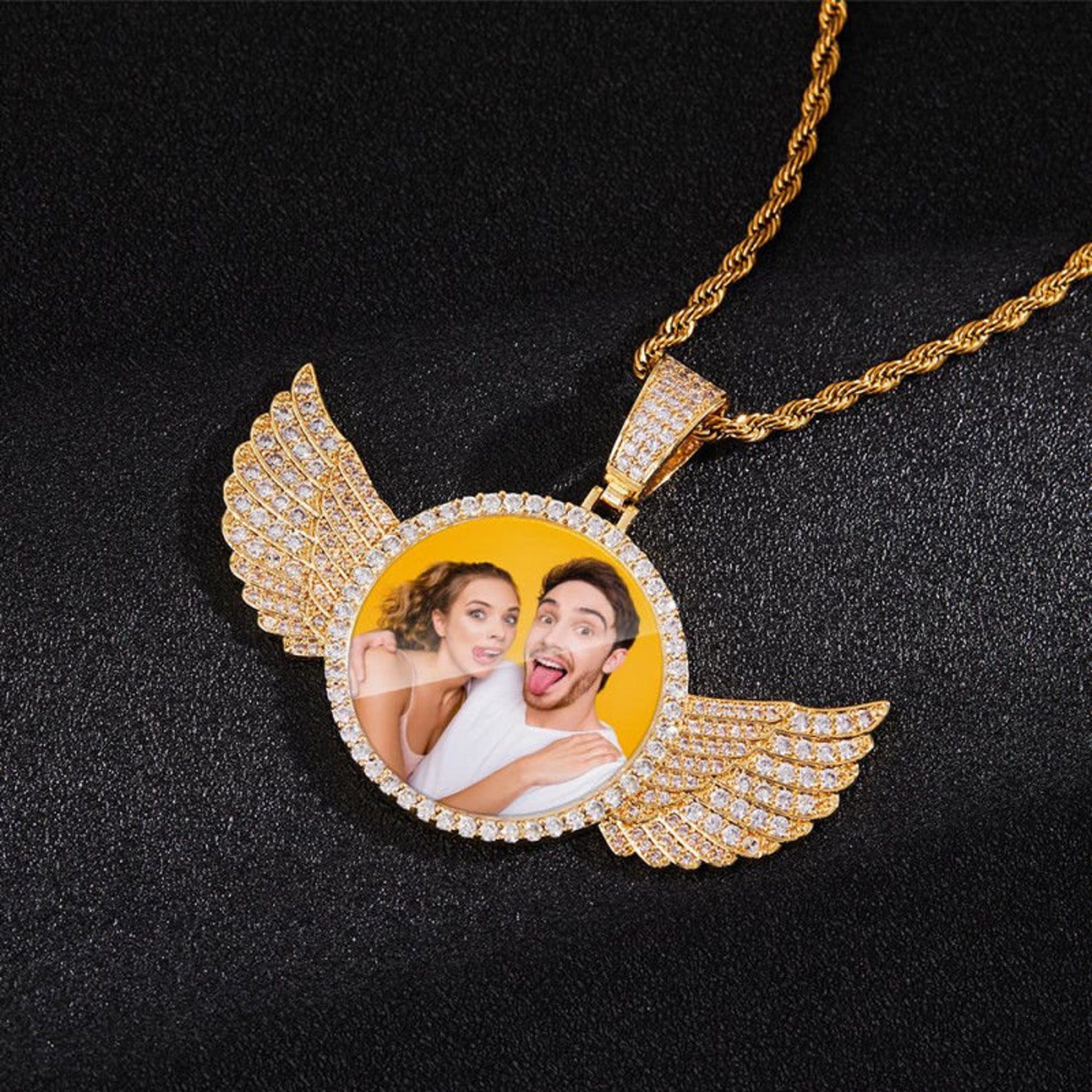 Wings Gold Photo Pendant with Rope Chain Medallions Necklace Etsy