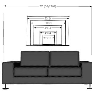 Pu&ograve; includere: Uno schema che mostra diverse dimensioni di cornici per foto, che vanno da 8x10 pollici a 36x24 pollici, con un divano in primo piano. Il muro &egrave; largo 78 pollici (6-1/2 piedi).
