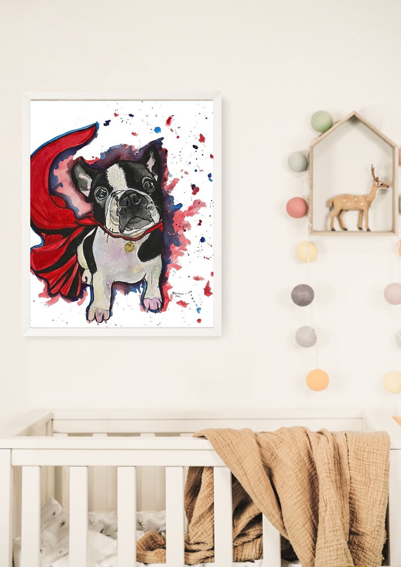 kids bedroom wall print watercolour pet portrait superhero nursery decor superhero boys room French bulldog print watercolour dog
