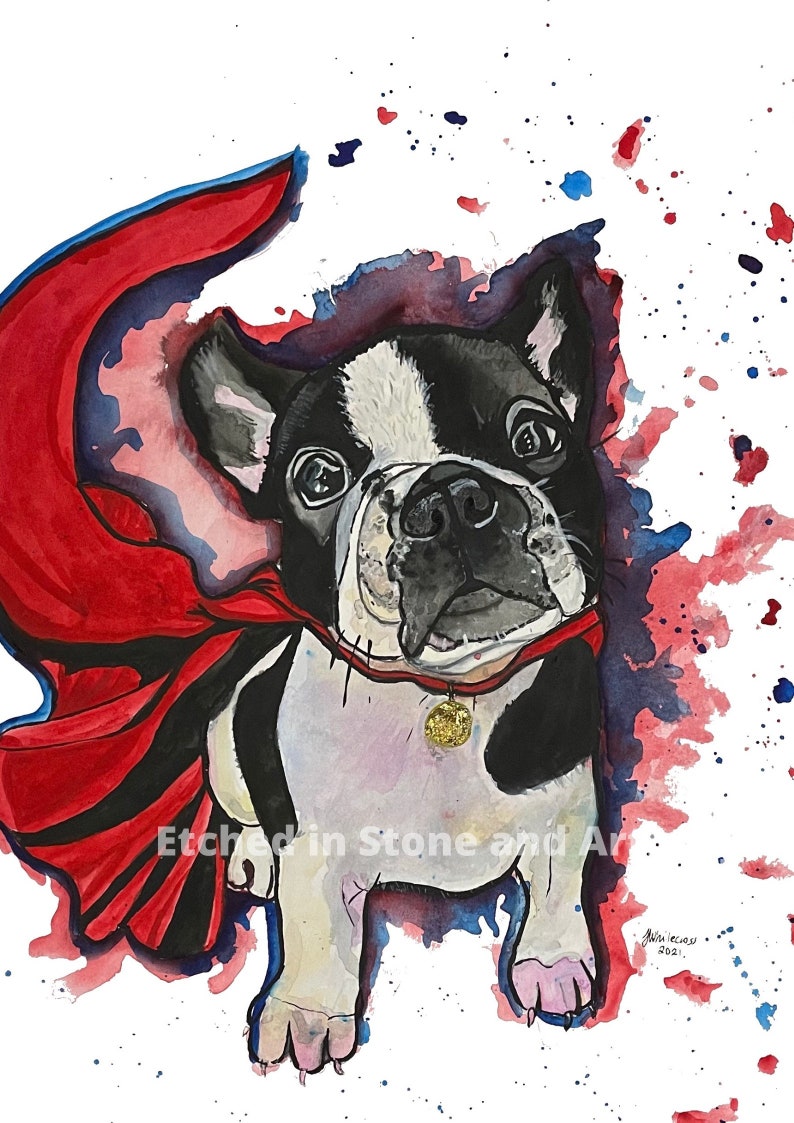kids bedroom wall print watercolour pet portrait superhero nursery decor superhero boys room French bulldog print watercolour dog