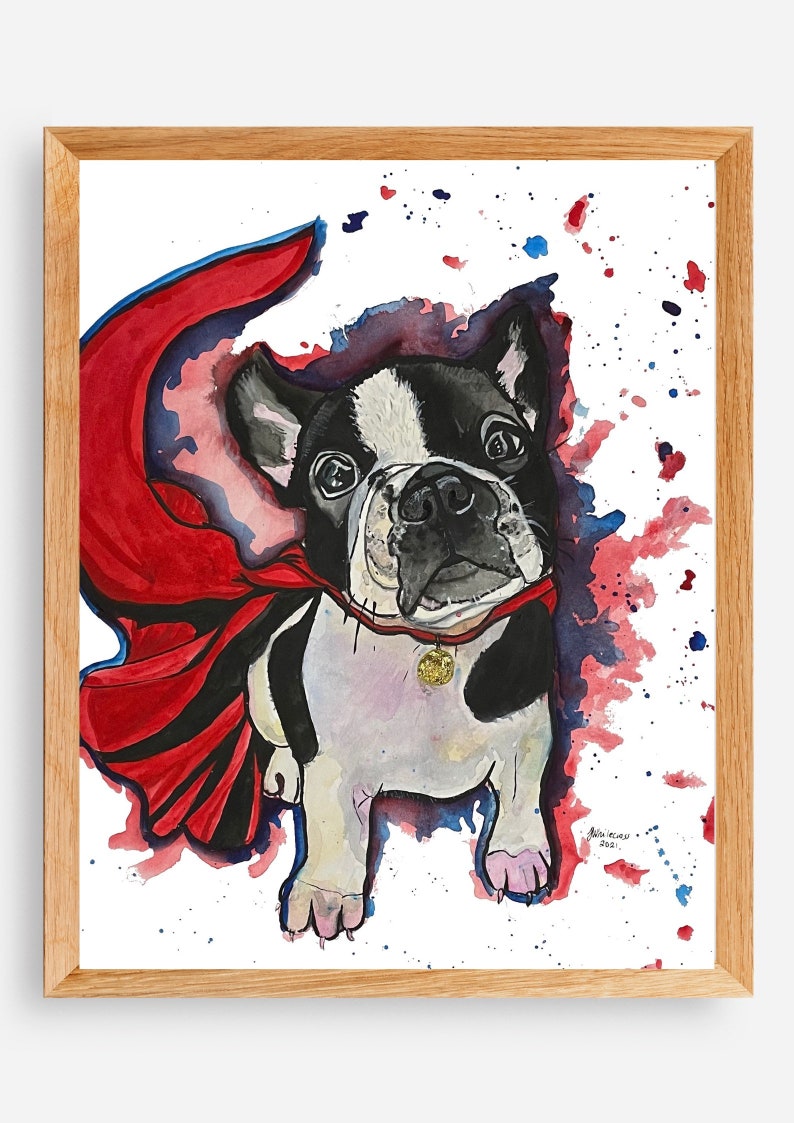 kids bedroom wall print watercolour pet portrait superhero nursery decor superhero boys room French bulldog print watercolour dog