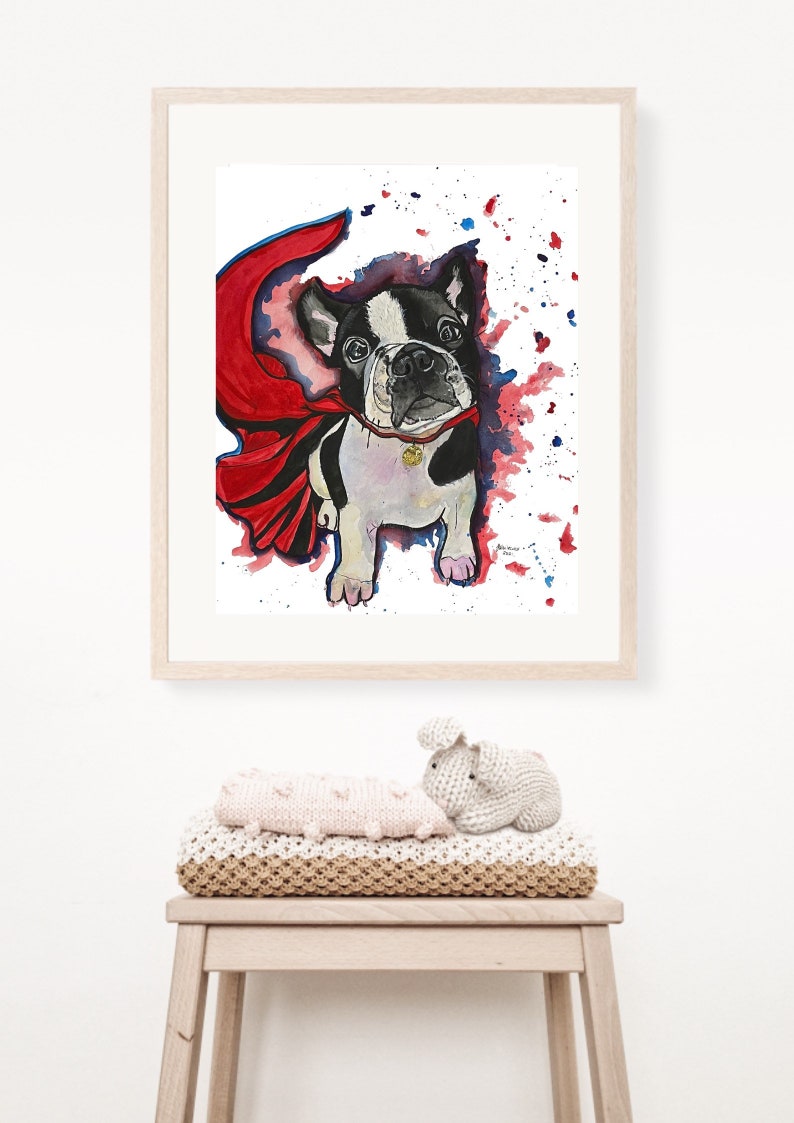 kids bedroom wall print watercolour pet portrait superhero nursery decor superhero boys room French bulldog print watercolour dog