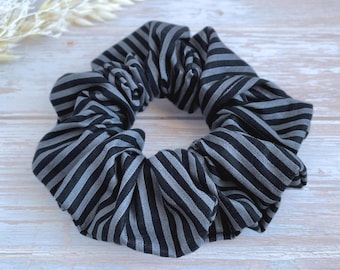 Black and Gray Striped Scrunchie | Handmade Neutral Hair Accessory | Minimalist Hair Tie
