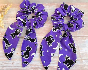 Black Cat Scrunchie with Glow-in-the-Dark Moon & Stars Bow