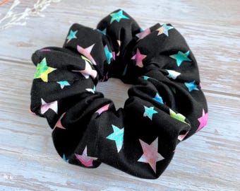 Black Star Scrunchie – Colorful Galaxy Hair Accessory,  Handmade Hair Tie for Women