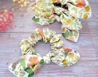 Floral Bow Scrunchie – Rifle Paper Hair Tie, Pastel Hair Accessory with Metallic Shine