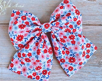 Large Floral Hair Bow Barrette, Handmade Red Blue Hair Clip Accessory