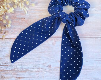 Navy Blue Scrunchie, Retro Hair Tie Handmade Polka Dot Hair Accessory, Gift for Women