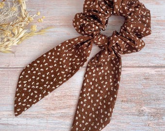 Brown Floral Bow Scrunchie, Vintage Scarf Scrunchie, Boho Hair Tie Gift for Women