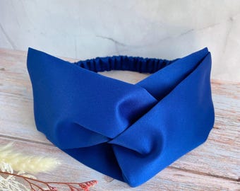 Royal Blue Headband, Knotted Satin Hair Band, Stretch Head Wrap, Elegant Hair Accessory
