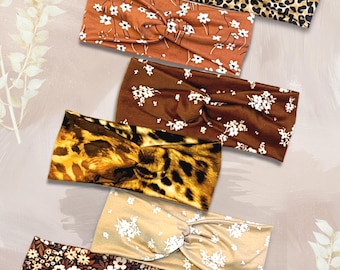 Stretchy Headbands - Two Ways Turban Style or Classic Band in Brown & Beige Colors