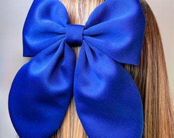 Royal Blue Hair Bow, Large Satin Barrette Clip, Oversized Hair Accessory for Women