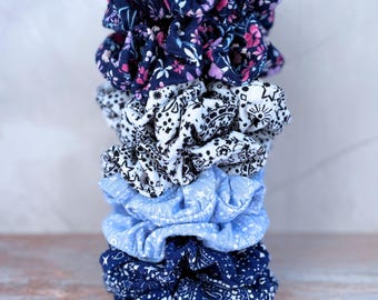 Bandana Scrunchies- Rib Knit Soft Hair Tie, Handmade Hair Accessory for Women and Teens.