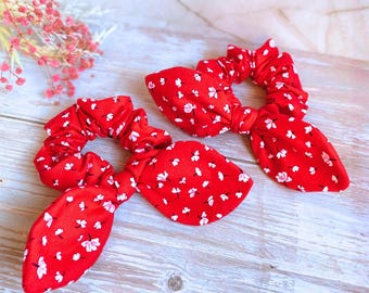 Red Floral Bow Scrunchie, Flower Hair Tie, Handmade Hair Accessory, Gift for Her