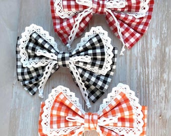 Gingham Lace Hair Bow: Cottagecore Plaid Barrette Clip