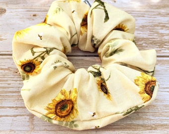 Sunflower Bee Scrunchie Cream Floral Hair Tie, Handmade Hair Accessory For Women and Teens.