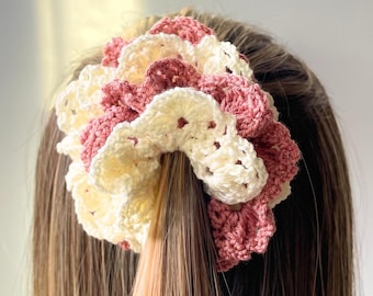 Crochet Scrunchie – Ruffled Two-Tone Floral Hair Tie in Cream & Blush Pink
