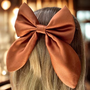 Brown Satin Bow Hair Clip | Long Tail Barrette Bow | Fall Hair Accessory for Women | Elegant Handmade Hair Bow for Girls & Teens