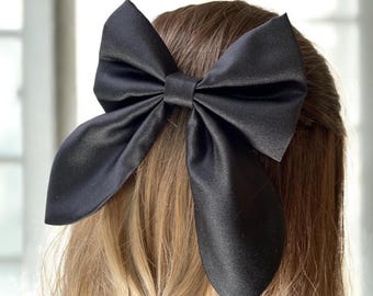 Black Satin Hair Bow Clip: Handmade Elegant Barrette, Classic Accessory for Women