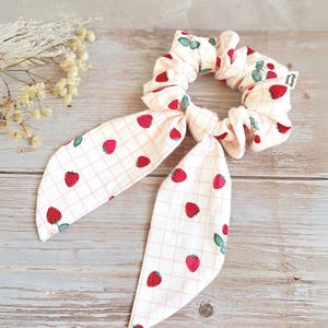 Strawberry Print Bow Scrunchie: Long Tail Scarf, Cottagecore Hair Tie