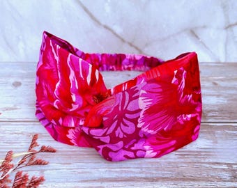 Pink Floral Knot Headband, Twisted Fabric Headband, Summer Statement Hair Accessory