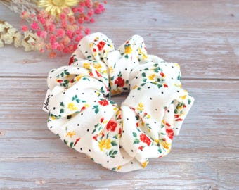 Floral French Terry Scrunchie: Vintage Rose Print - Handmade Hair Tie