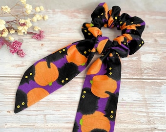 Halloween Black Cat Scrunchie: Pumpkin Bow, Spooky Scarf Tail