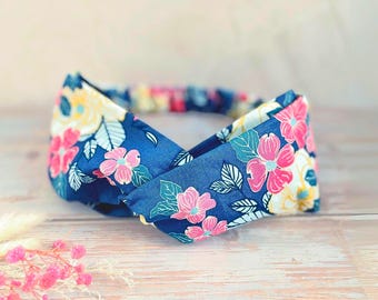 Navy Floral Twist Headband: Handmade Cotton Boho Hair Accessory