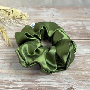 Olive Green Satin Scrunchie – Soft Silk Feel Hair Tie, Elegant Hair Accessory for Women & Teens, Green Hair Scrunchy for Thick or Fine Hair