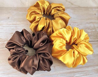Satin Scrunchies – Gold, Mustard & Chocolate Brown | Smooth Silky Hair Ties for Damage-Free Styling