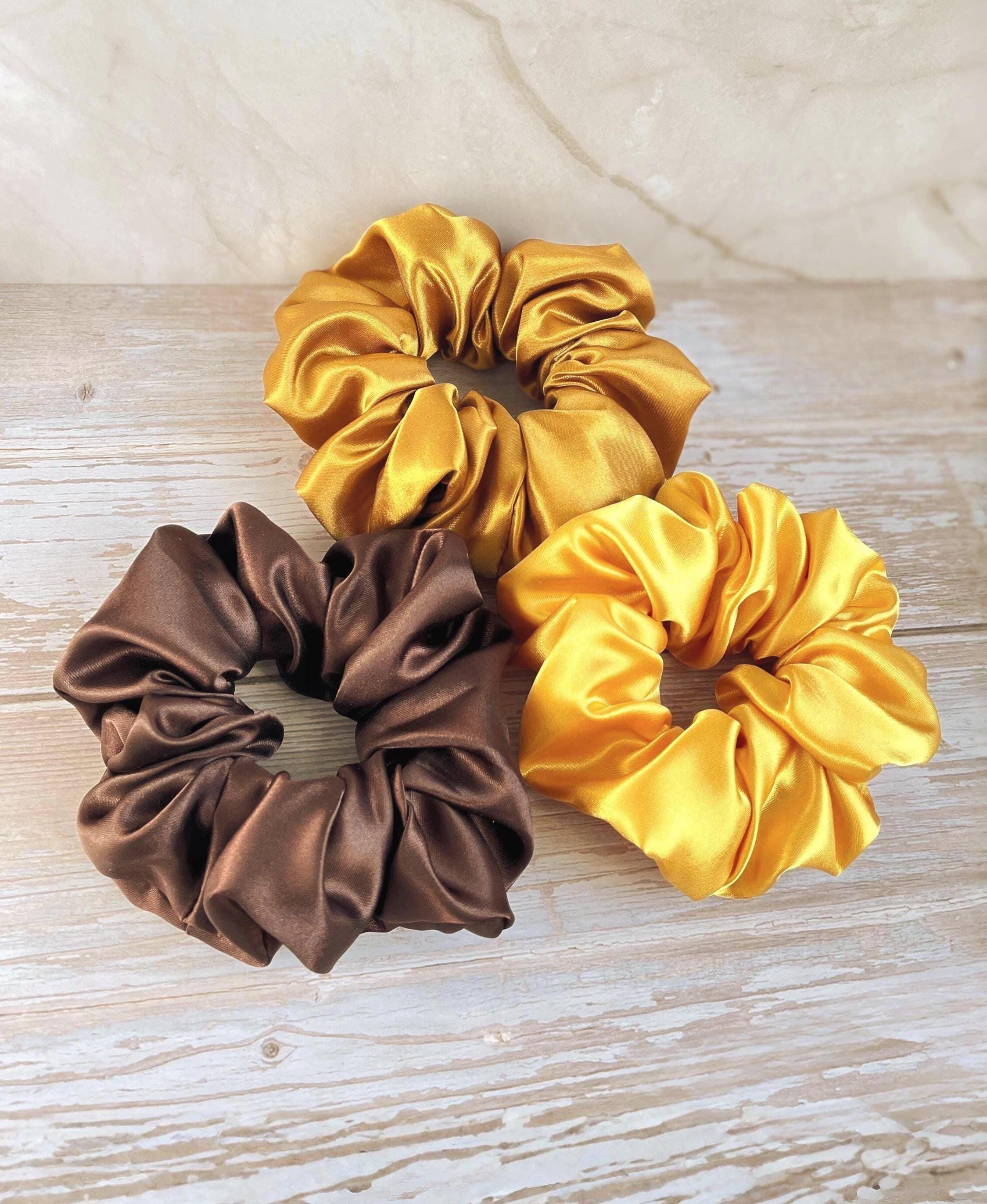 Elegant Brown and Gold Patterned Hair Scrunchie Wide Scrunchie / Silk - Floral Brown – EvelinaApparel main image 3