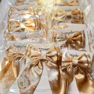Floral Beige Satin Hair Bow: Long Tail Barrette Clip