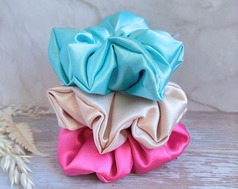 Pastel Satin Scrunchies | Aqua, Champagne & Pink Hair Ties, Women Hair Accessories