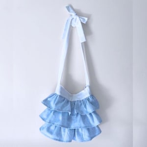 Light Blue Ruffle Shoulder Bag – Cute Girly Purse with Tiered Ruffles, Adjustable Strap, Handmade Kawaii Tote