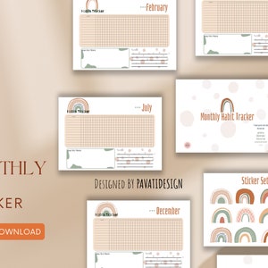 Monthly Habit Tracker Digital Download | Boho Style Habit Tracker | Habit Tracker Printable | Habit Tracker Stickers for Planner