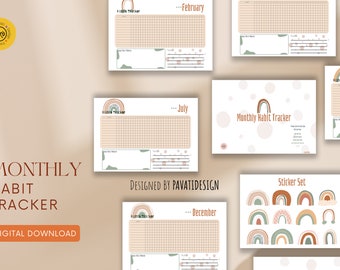 Rastreador de hábitos mensais Boho para impressão: adesivos de arco-íris (download digital)